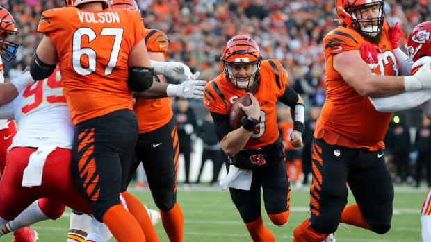 Dec 4, 2022; Cincinnati, Ohio, USA; Cincinnati Bengals quarterback Joe Burrow (9) runs for the touchdown during the first quarter against the Kansas City Chiefs at Paycor Stadium. Mandatory Credit: Joseph Maiorana-USA TODAY Sports